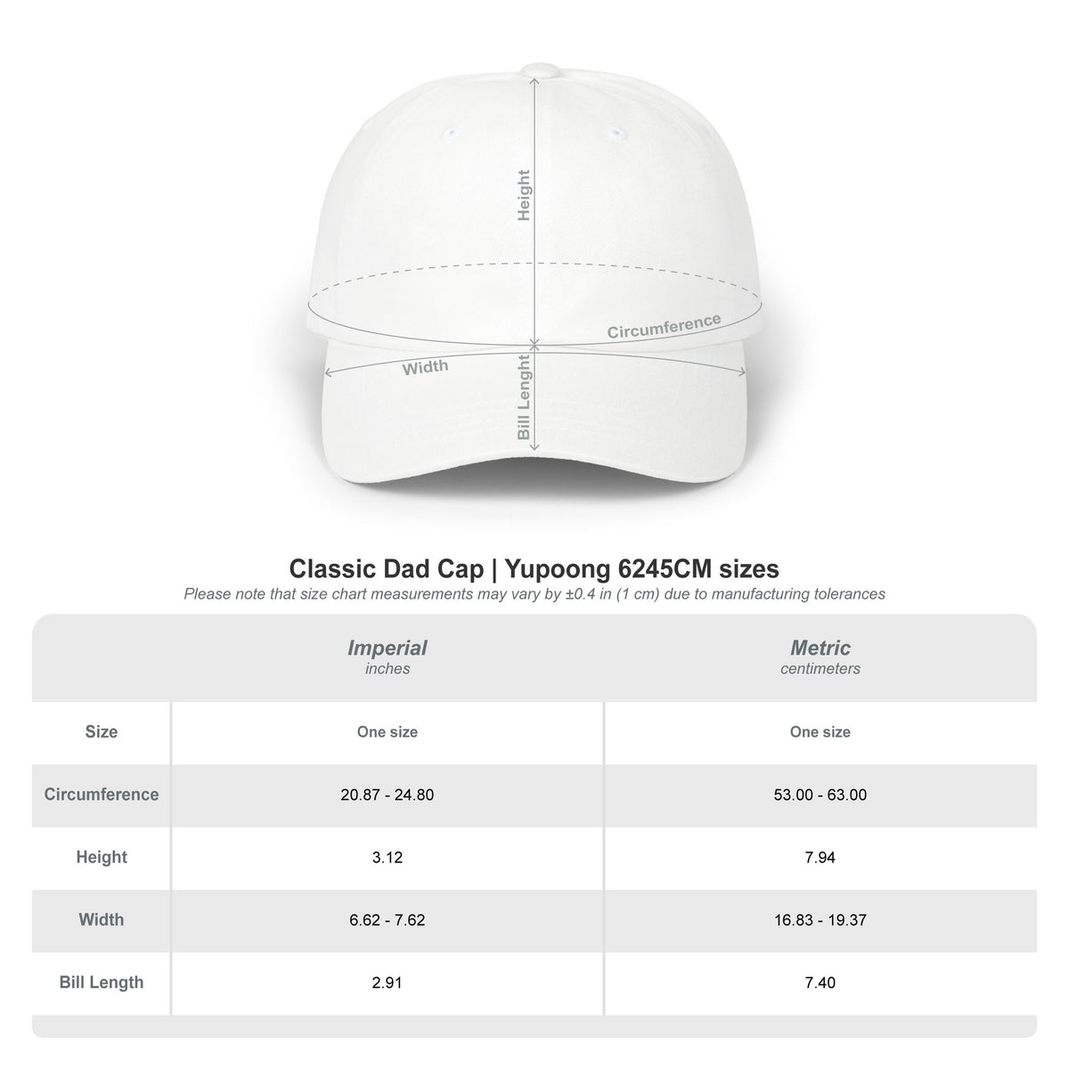 White cap with measurement chart on a white background