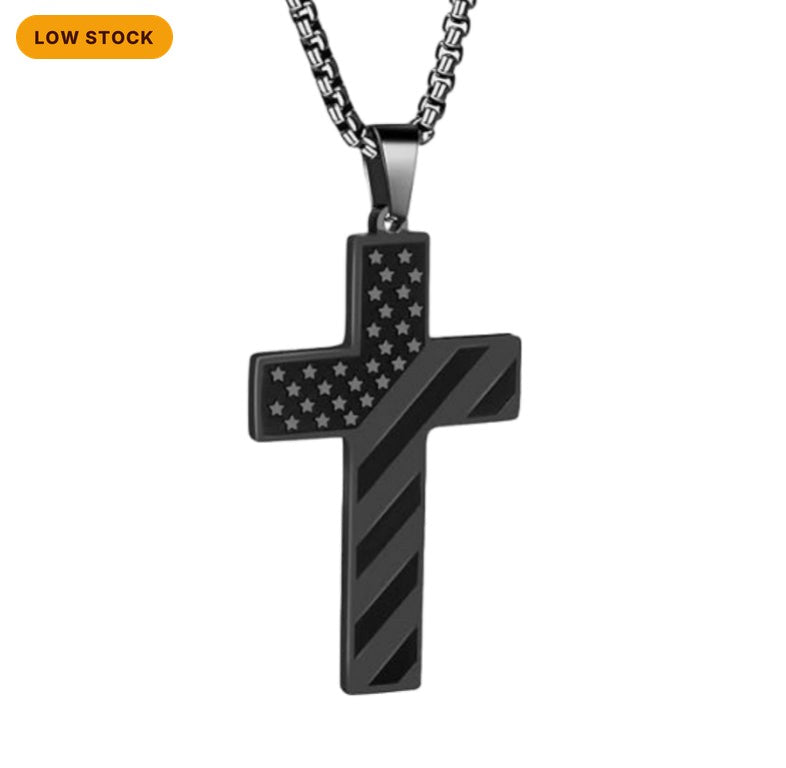 American Flag Cross Necklace, Stainless Steel Cross Pendant Chain with Verse