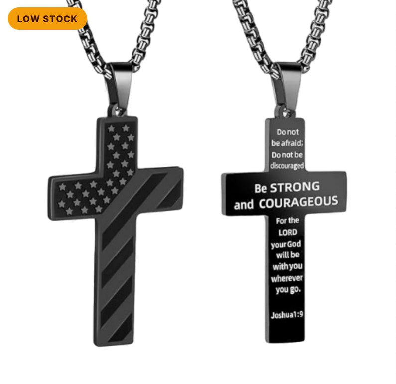 American Flag Cross Necklace, Stainless Steel Cross Pendant Chain with Verse