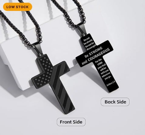 American Flag Cross Necklace, Stainless Steel Cross Pendant Chain with Verse