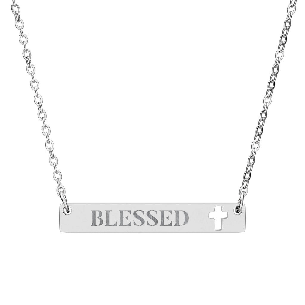 Blessed Cross Cutout Bar Engraved Necklace, Minimalist Christian Faith Jewelry