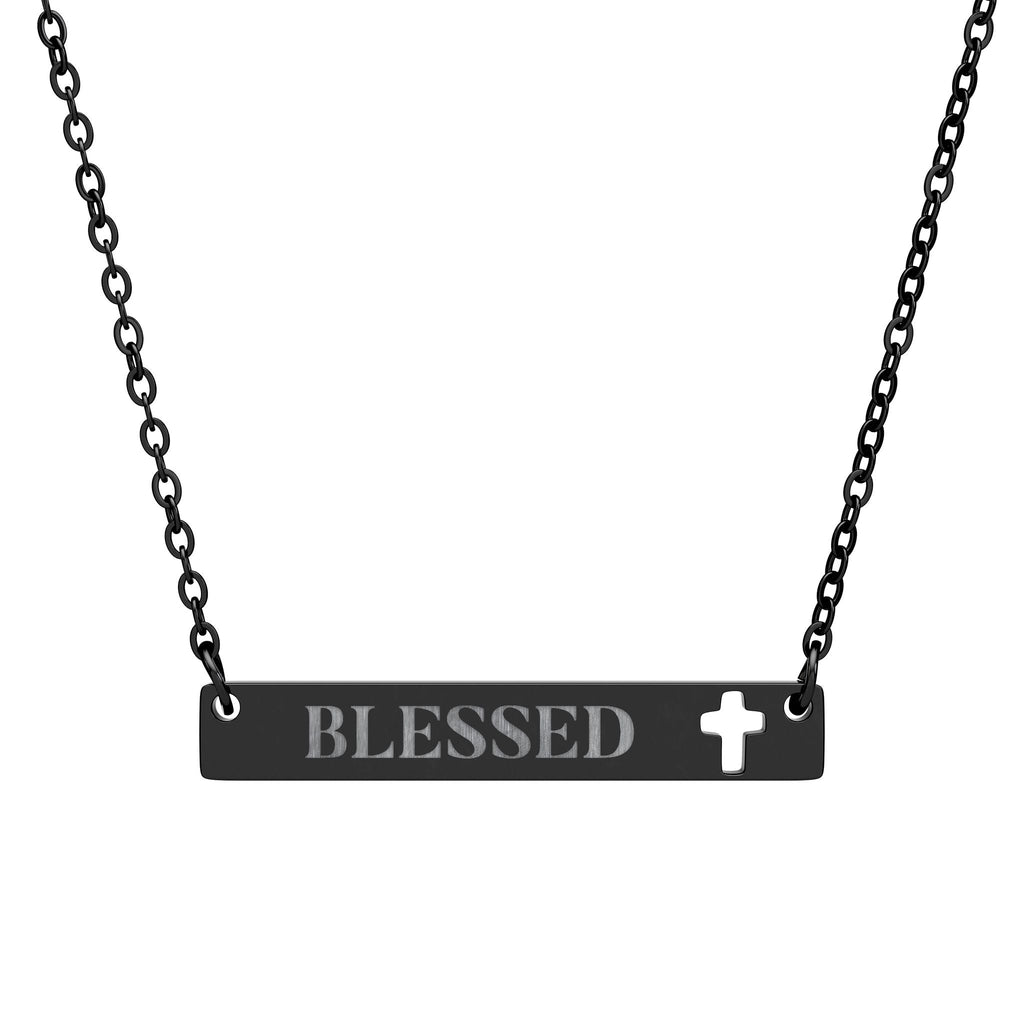 Blessed Cross Cutout Bar Engraved Necklace, Minimalist Christian Faith Jewelry