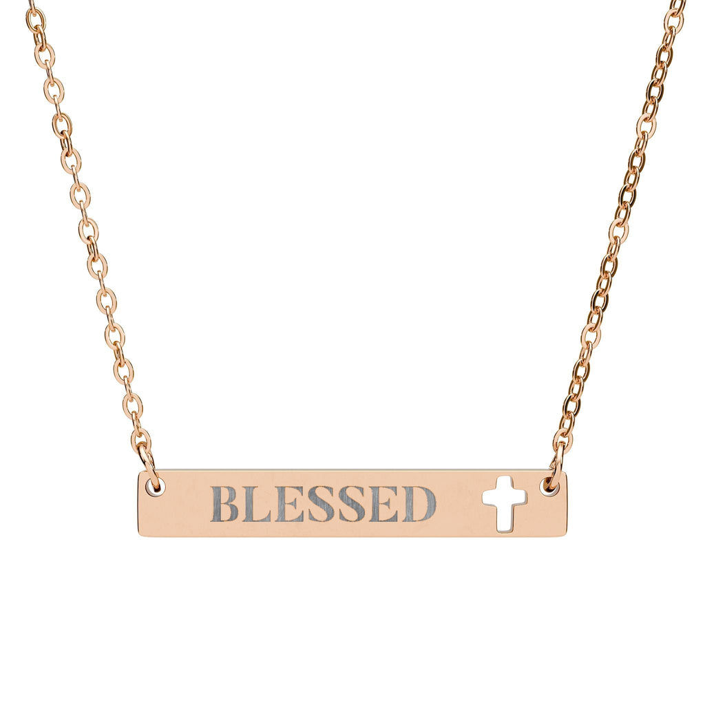 Blessed Cross Cutout Bar Engraved Necklace, Minimalist Christian Faith Jewelry