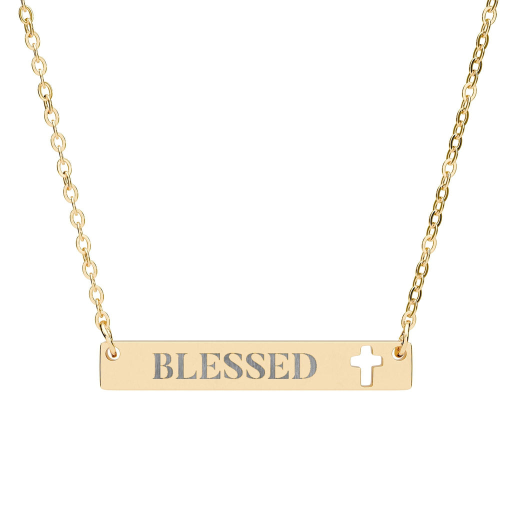 Blessed Cross Cutout Bar Engraved Necklace, Minimalist Christian Faith Jewelry