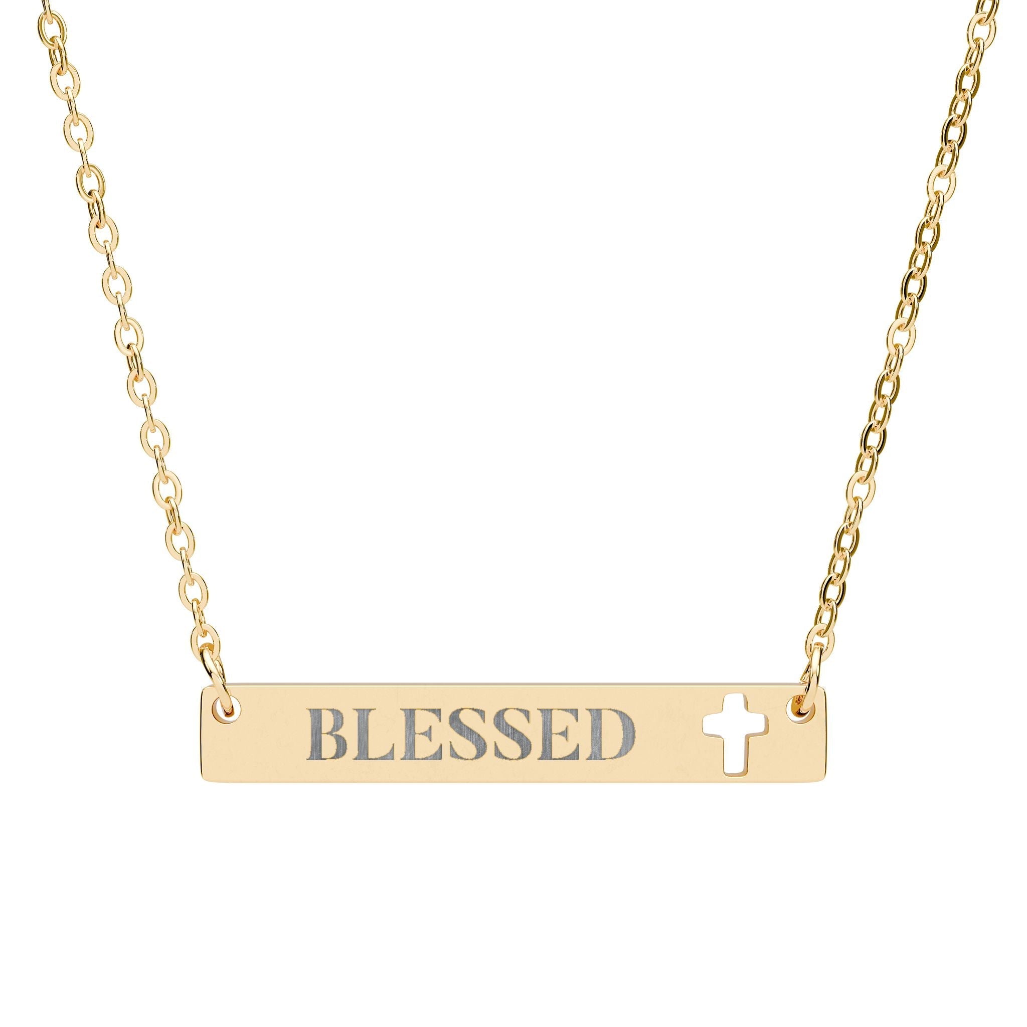 Blessed Cross Cutout Bar Engraved Necklace, Minimalist Christian Faith Jewelry