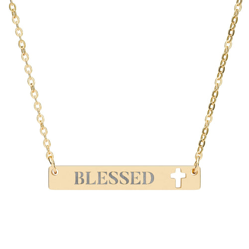 Blessed Cross Cutout Bar Engraved Necklace, Minimalist Christian Faith Jewelry